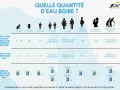 Infographie sur quelle quantité d'eau boire par jour, selon l'âge et le sexe. Elle détaille les besoins en eau pour les enfants, adolescents, adultes, femmes enceintes, allaitantes et personnes âgées.