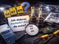 Jak dobrać żarówki LED do auta? Na zdjęciu widać modele H4, H7, H11, telefon z aplikacją i instrukcję.