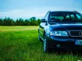 Ciemny Audi A4 B6 2.0 benzyna na tle zielonej łąki i lasu.