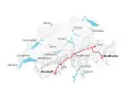 Map of Switzerland showing a red train route from Zermatt to Chur, passing through Brig, Andermatt, and St. Moritz.