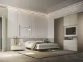 Elegante camera da letto moderna con letto, comodini, armadio a muro con TV integrata e illuminazione a soffitto. Un esempio di come arredare camera da letto con stile.