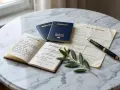 Livret de famille, passeports français et acte de naissance sur une table en marbre, évoquant l'état civil belge. Un stylo plume et une branche d'olivier complètent la scène.