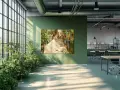 Pintura de un grupo de personas cosiendo la vela de un barco en un día soleado, rodeados de flores y vegetación.