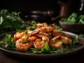 Gambas jugosas y doradas servidas con rúcula fresca y limón.