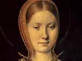 Retrato de Catalina de Aragón, una de las reinas católicas, con un tocado dorado y joyas.