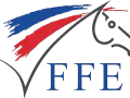 Logo de la fédération d'équitation : un cheval stylisé aux couleurs de la France, avec les lettres FFE.