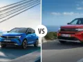 Niebieski i czerwony Opel SUV jadące po drogach, z mostem w tle.