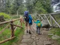 Dzieci i dorośli idą kamienistym szlakiem w Karkonoszach, otoczeni lasem. To piękna wyprawa, jak pielgrzymy w Karpaczu.