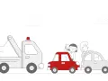 Pomoc drogowa to coś, co ratuje w potrzebie. Holownik zabiera czerwone auto z pasażerami, a za nim stoi kolejne uszkodzone auto.