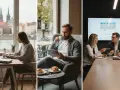 Studia grafika Wrocław: młoda kobieta pracuje przy laptopie z widokiem na miasto, mężczyzna pije kawę z tabletem, a para dyskutuje przy ekranie.