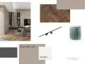 Moodboard con parquet a spina di pesce, pouf verde acqua e campioni di colore. I colori che stanno bene con il tortora includono grigi caldi e tonalità neutre.
