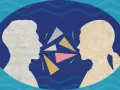 Due profili si fronteggiano, circondati da forme geometriche colorate. Quante sono le emozioni che si scambiano in questo dialogo visivo?