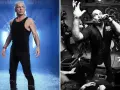 Bruce Dickinson, wokalista Iron Maiden, w dwóch odsłonach: jako postać z niebieskim tłem i na żywo, śpiewający do mikrofonu.
