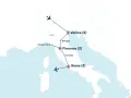 Map showing a Rome, Florence, Venice itinerary with flights and stops in Cinque Terre, Bologna, and Orvieto.