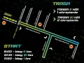 Mapa trasy biegowej SGH: start, meta, wioska biegowa i czasy startów. Dostępne trasy 5 km (1 okrążenie) i 10 km (2 okrążenia).