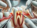 Zabieg stomatologiczny, gdzie widoczny jest przekrój zęba, a dentyści pracują nad jego wnętrzem. Może to być resekcja wierzchołka korzenia powikłania.