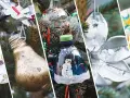Ekologiczne ozdoby choinkowe z odpadów: gwiazdka z kubeczka, żarówka, butelka z bałwankiem, srebrna ozdoba i płyta CD.
