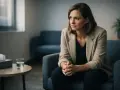 Kobieta w beżowej marynarce siedzi zamyślona, obok niej szklanka wody i pudełko chusteczek. Może właśnie spisuje testament ustny.