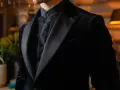 Uomo con abito nero in velluto, camicia con jabot e cravatta. Eleganza senza tempo per un abbinamento perfetto.