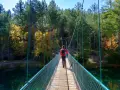 Senderista cruza puente colgante sobre el río, camino al Salto de Poveda y la Laguna de Taravilla. Bosque otoñal.