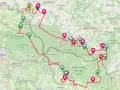 Trasa rowerowa przez Sudety i Karkonosze, z zaznaczonymi punktami w parkach narodowych i krajobrazowych.