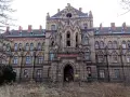 Imponujący pałac w Mokrzeszowie, zniszczony, z pustymi oknami i dziką roślinnością wokół.