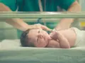 Noworodek w inkubatorze, pielęgniarka wykonuje zabieg Credégo.