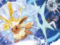 Eevee con corona de diamantes y oro, listo para cambiar teratipo pokemon. Una entrenadora sonríe, rodeada de energía azul y cristales.