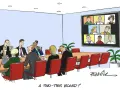 Cartoon of an executive board meeting with some members in person and others on a video call, humorously questioning the setup.