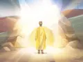 A man in a yellow robe stands in a bright, rocky cave, bathed in divine light. This scene evokes the 7th Sunday of Easter, a time of resurrection and hope.