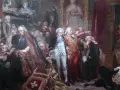 Tadeusz z obrazu Matejki, leżący na ziemi, z uniesioną głową i ręką na piersi, w otoczeniu innych postaci.