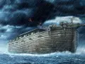 Noah's Ark, laden with animals like elephants and giraffes, braves a torrential downpour. The image evokes the long wait, wondering how long was Noah in the ark during the great flood.