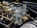 Dettaglio di un carburatore Solex per auto d'epoca, con tubi in ottone e finiture metalliche lucide.