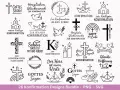 Viele evangelische Symbole für die Konfirmation: Kreuze, Tauben, Kirchen, Schiffe, Kerzen, Regenbogen, Kelch, Brot, Trauben.