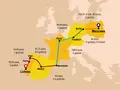 Mapa Europy z zaznaczonymi trasami kolejowymi z Warszawy do Berlina, Frankfurtu, Paryża, Barcelony, Madrytu, Vigo, Porto i Lizbony, z podanymi cenami i czasami podróży.