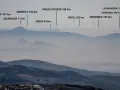 Widok na pasmo górskie z zaznaczonymi szczytami: Jested, Milesovka, Szrenica, Sedlo, Wielki Szyszak, Kotel, Smogoria, Lucni Hora, Vyrovka. Postawna szczyt.