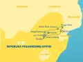 Mapa turystyczna Republiki Południowej Afryki z zaznaczonymi miastami: Johannesburg, Pretoria, Soweto, Kruger Park i innymi.