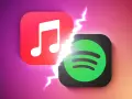Logo Apple Music i Spotify obok siebie, rozdzielone błyskawicą. Który wybierasz: Apple Music czy Spotify?