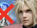 Cloud Strife mira al frente, con un trofeo de platino de Final Fantasy VII Remake tachado con una X roja.