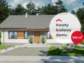 Nowoczesny dom pasywny 100m2 z dużymi oknami i drewnianymi elementami. W tle las, na pierwszym planie podjazd i trawnik.