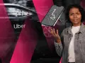 Verwirrte Frau blickt auf ein Handy mit Navigationskarte, während im Hintergrund ein Uber-Auto in Deutschland zu sehen ist.