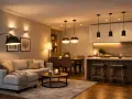 Illuminazione soffusa in soggiorno e cucina: quanti lumen in cucina per creare un'atmosfera accogliente. Lampade a sospensione, da terra e applique creano un ambiente caldo.