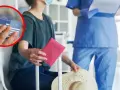Kobieta w maseczce trzyma różowy paszport i Europejską Kartę Ubezpieczenia Zdrowotnego.