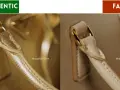 Dettaglio di una borsa Prada autentica (sinistra) e una falsa (destra). Prada è italiana, ma la qualità della borsa falsa è inferiore.
