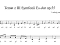 Temat z III Symfonii Es-dur op.55 Ludwiga van Beethovena. Nuty dla fortepianu, ukazujące klucz w muzyce i sekwencję dźwięków.