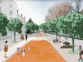 Un'area pedonale vivace, con bambini che giocano e persone che passeggiano, simbolo di **rigenerazione urbana** e spazi verdi ritrovati.