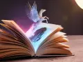 Otwarta księga, z której wyłania się skrzydlaty koń. To właśnie jest **fantasy co to** znaczy – magia i niezwykłe stworzenia ożywiające opowieści.