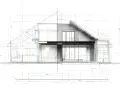 Szkic architektoniczny nowoczesnego domu z widokiem przekroju, wymiarami i detalami. Idealny do planowania kredytu na dom.