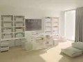 Stanza giochi bambini luminosa con lavagna, scrivania, librerie piene di giochi e contenitori personalizzati. Idee per un ambiente creativo e ordinato.