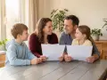 Familie bespricht Dokumente, vielleicht zur Absicherung des Bezugsrechts einer Lebensversicherung.
